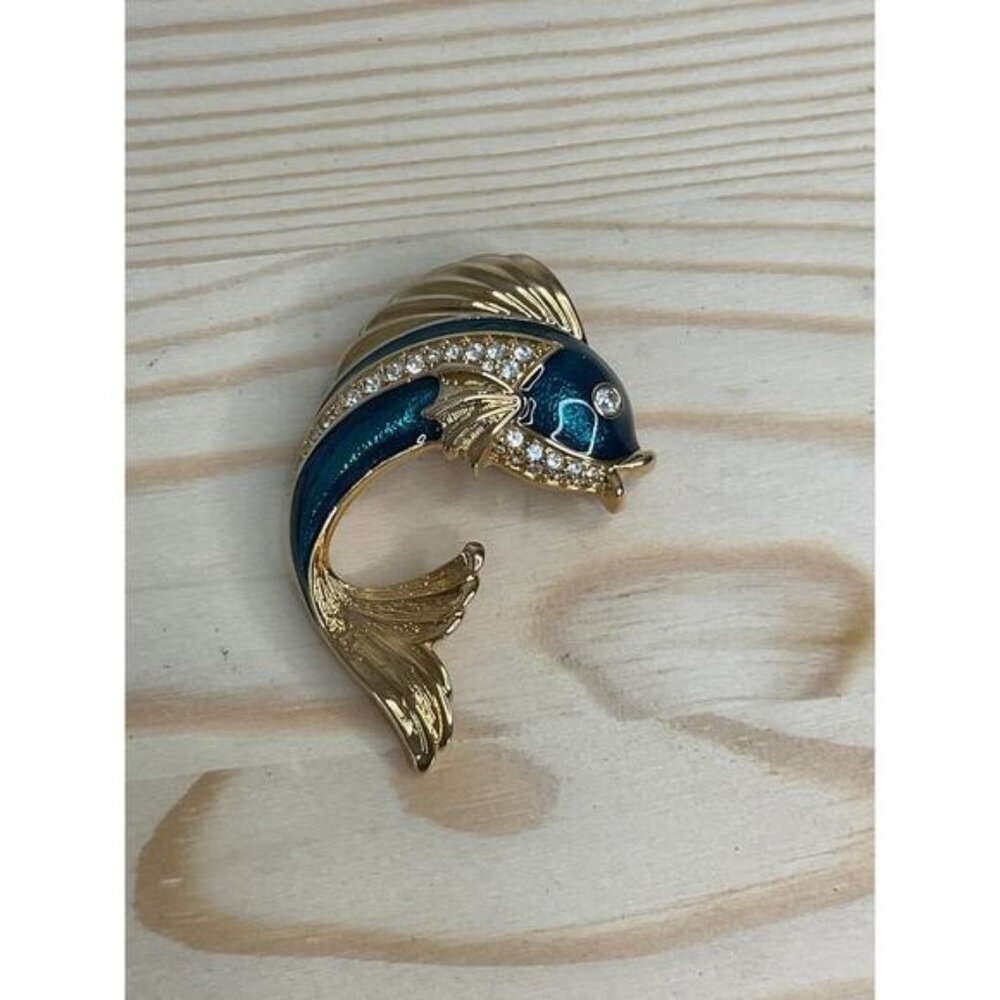 Park Lane Swarovski Crystal Fish Brooch Pin Teal Enamel Signed